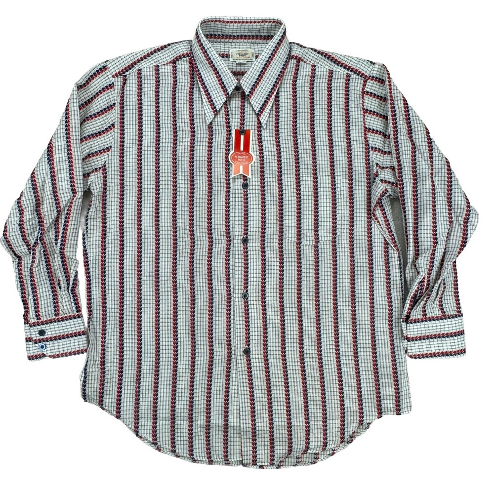 VTG 70s Disco Dagger Collar Permanent Press‎ Mens Shirt NWT Korea 16.5x33 Stripe